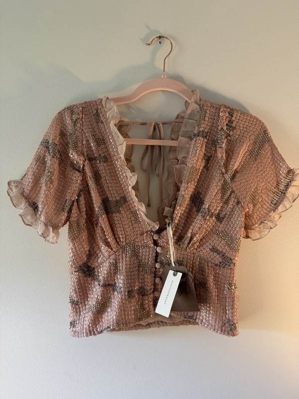 NWT Anthropologie Forever That Girl Sequin Ruffle Crop Top Pink XS $160