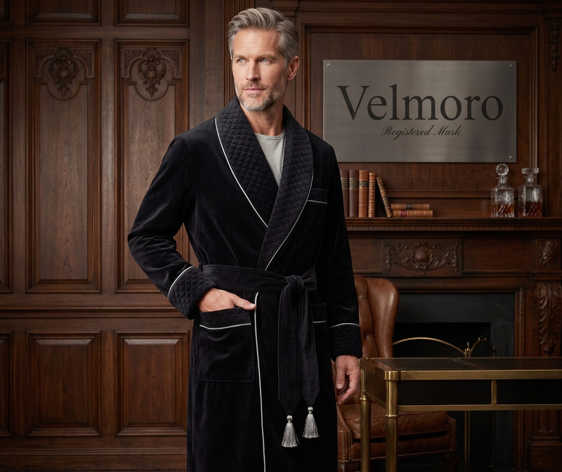 Men’s Velvet Smoking Robe, Velmoro Black Dressing Gown, Quilted Trim, Lounge Wea