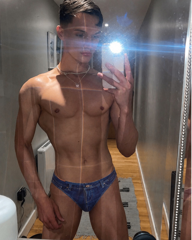 Men’s “Devil in Blue Jeans” Extreme cut printed blue denim jean look swim suit.