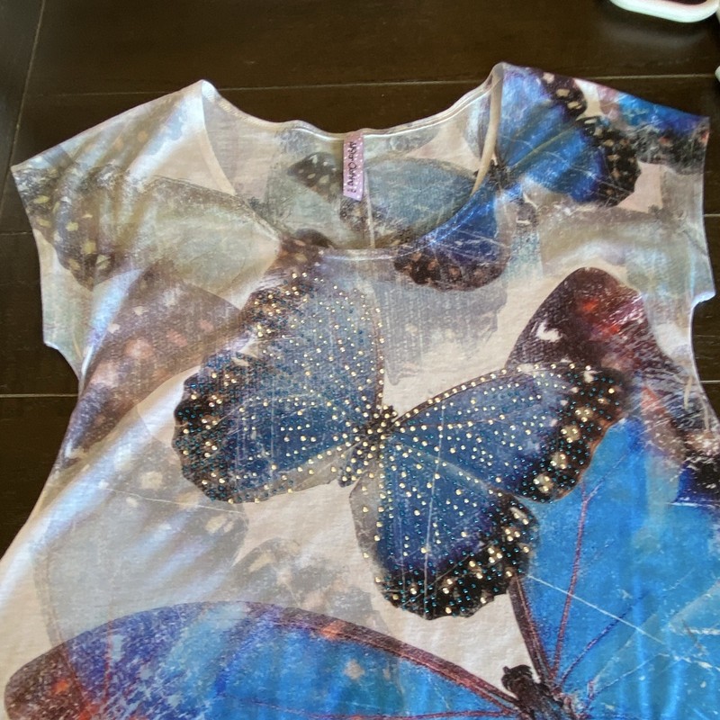 A*Star Clothing Blue Butterfly Rhinestone Scoop Neck Short Sleeve T-Shirt, L