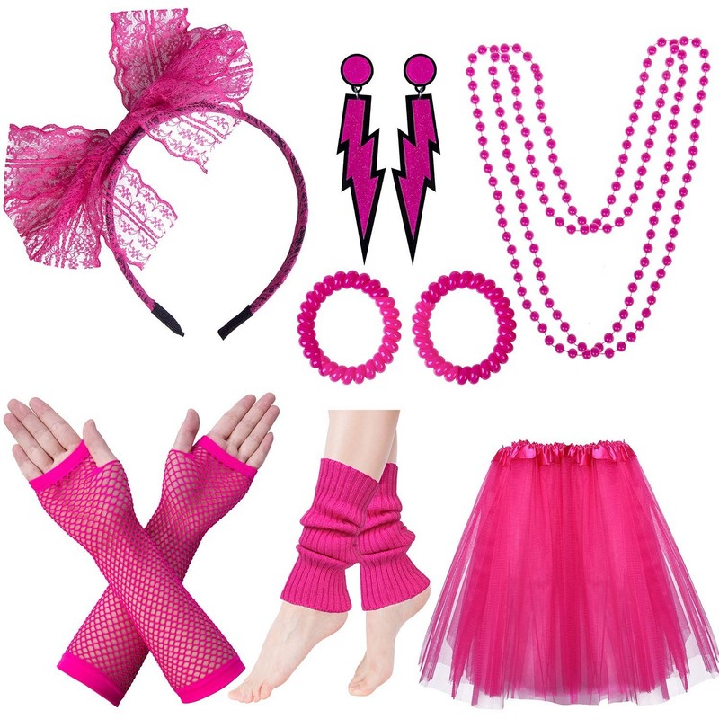Womens PINK 80s Tutu 9pcs Accessories Set themed party costume NEW IN BOX