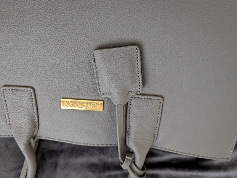 NWOT Joy & Iman Genuine Pebbled Leather Satchel Tote Bag Stone Gray Gold
