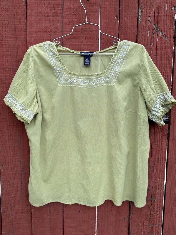 Denim & Co Green Peasant Top Plus Size 1X Boho Hippie Summer Fairy 100% Cotton