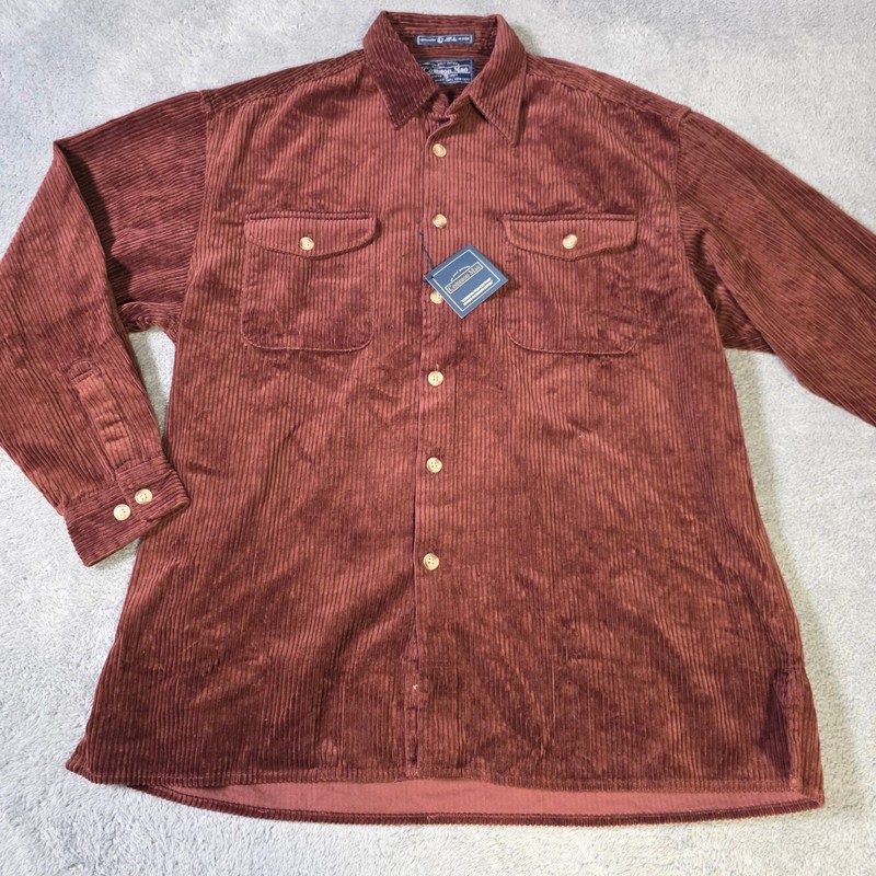 Common Man Mens L Button Down Shirt Burgundy Wide Wale Corduroy Cotton Long Slv