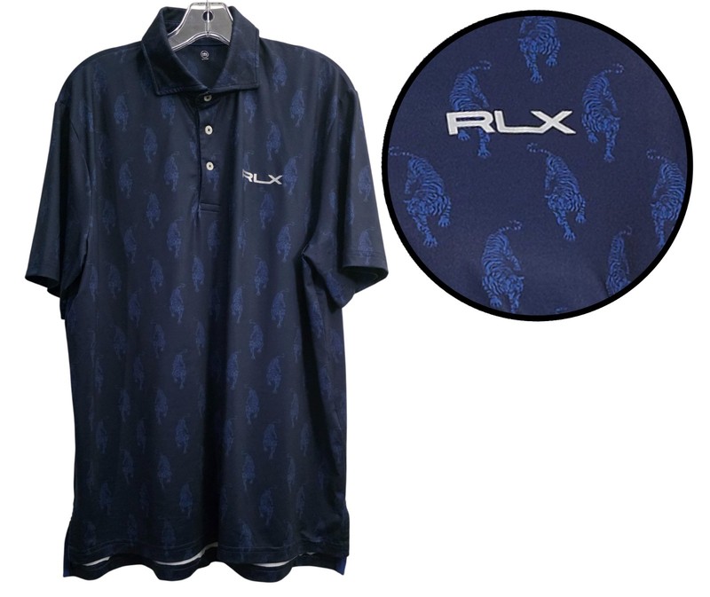 RLX Ralph Lauren Polo Shirt Mens Large Navy Tonal Tiger Print Wick Golf Stretch