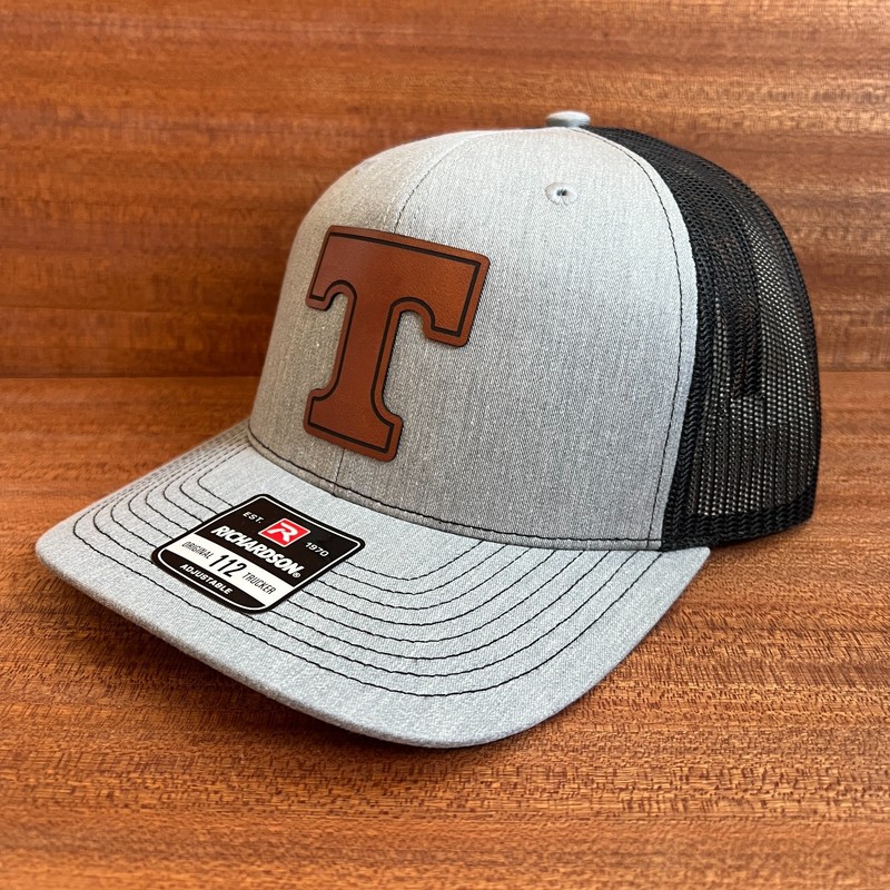 Tennessee Volunteer Power T Vols Snapback Trucker Hat Leather Patch Gray Black