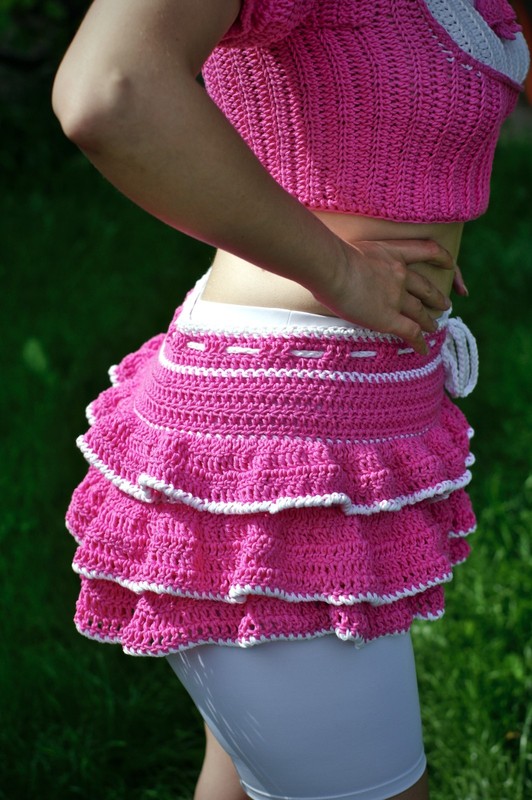 Handmade Crochet Ruffle Mini Skirt Tiered Pink White Summer Festival Drawstring gallery