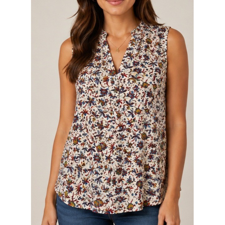 Rose & Olive Sleeveless Split Neck Floral Paisley Print Blouse Multi Color