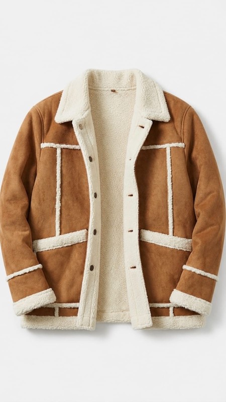 Men’s Vintage Tan/Brown Aviator Shearling Jacket Faux Suede Fleece Lined Coat gallery