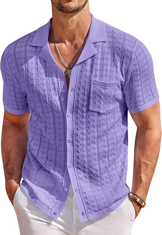 Coofandy Men’s Knit Shirts Short Mens Sleeve Button Down Casual Polo Shirt