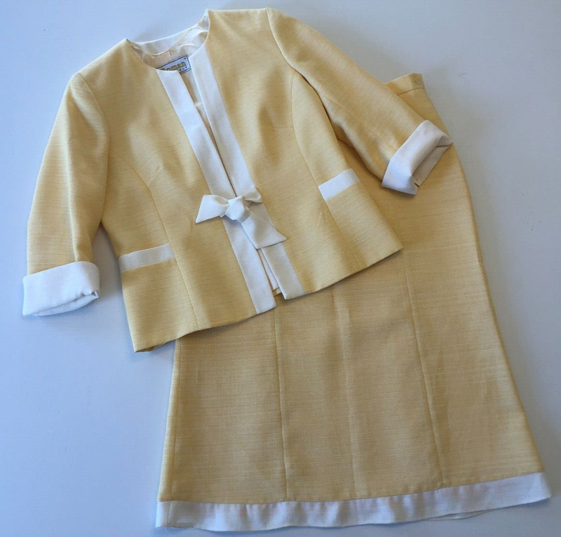 ROMAN Originals Skirt Suit Sz 14 Yellow / White Linen Look 2PC Lined EUC