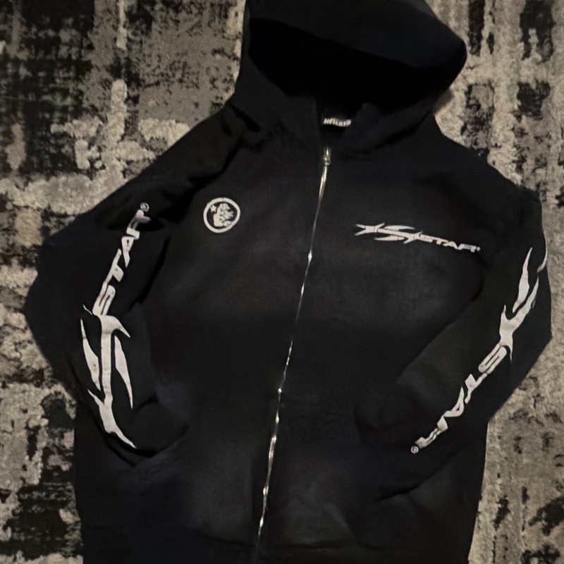 Hellstar Black Full Zip Hooded Hoodie Flame Logo Graphic Print Men’s M
