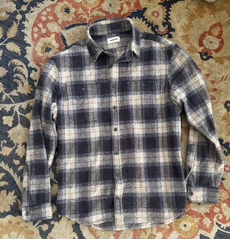 Taylor Stitch Crater Ledge Work Shirt 44 XL Gray Blue Plaid Twill Cotton Flannel