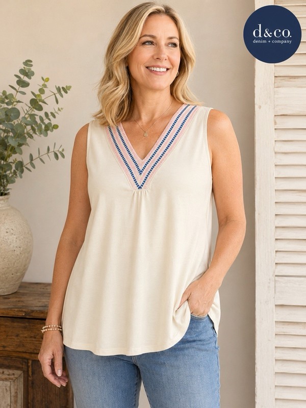 Denim & Co Favorite Jersey Embroidered V-Neck Tank Top XL Natural Sleeveless NWO