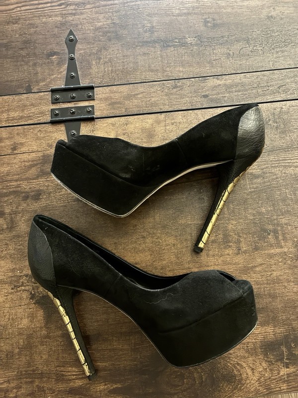Brian Atwood ‘Blayne’ Black Suede Platform Pumps with Metallic Gold Heel Size 9