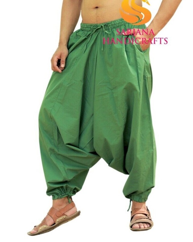 Men Women Cotton Solid Green Harem Pants Gypsy Hippie Drop Crotch Trouser Genie