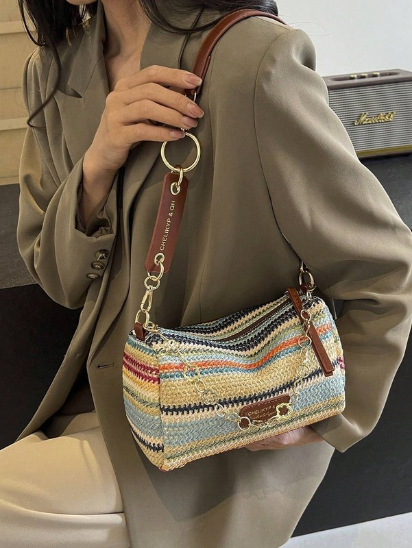 New Spring Summer Contrast Striped Woven Straw Shoulder Bag, Fashion Letter gallery