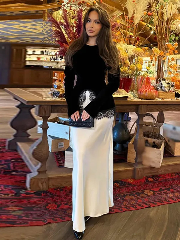 Lace Patchwork Shirts Women Elegant Solid Flare Long Sleeve O-neck Split gallery