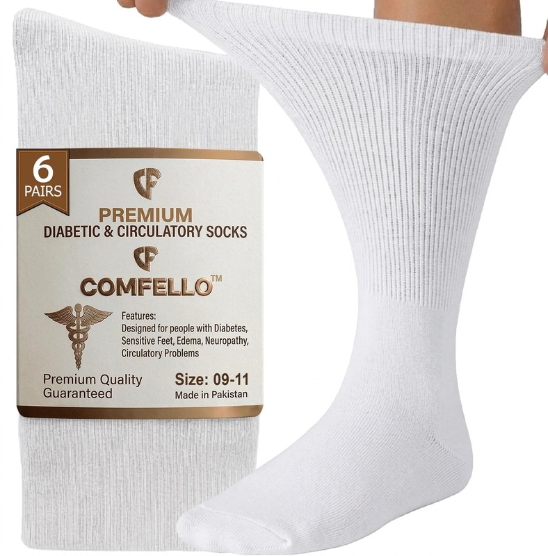 COMFELLO Diabetic Socks for Men and Women – Non-Binding Cotton Crew Socks – N…