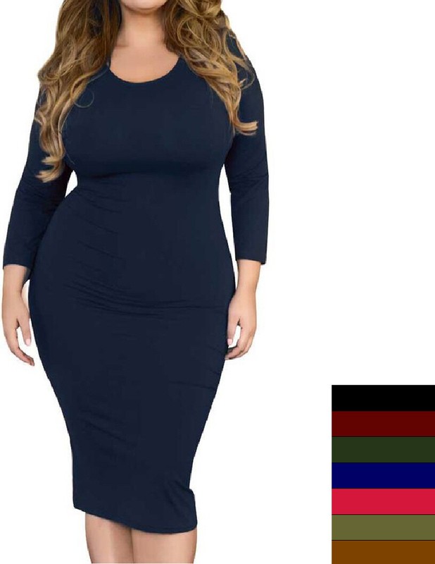 Womens XL/1XL,2XL,3XL Solid Bodycon Round Neck 3/4 Sleeve Midi Dress!