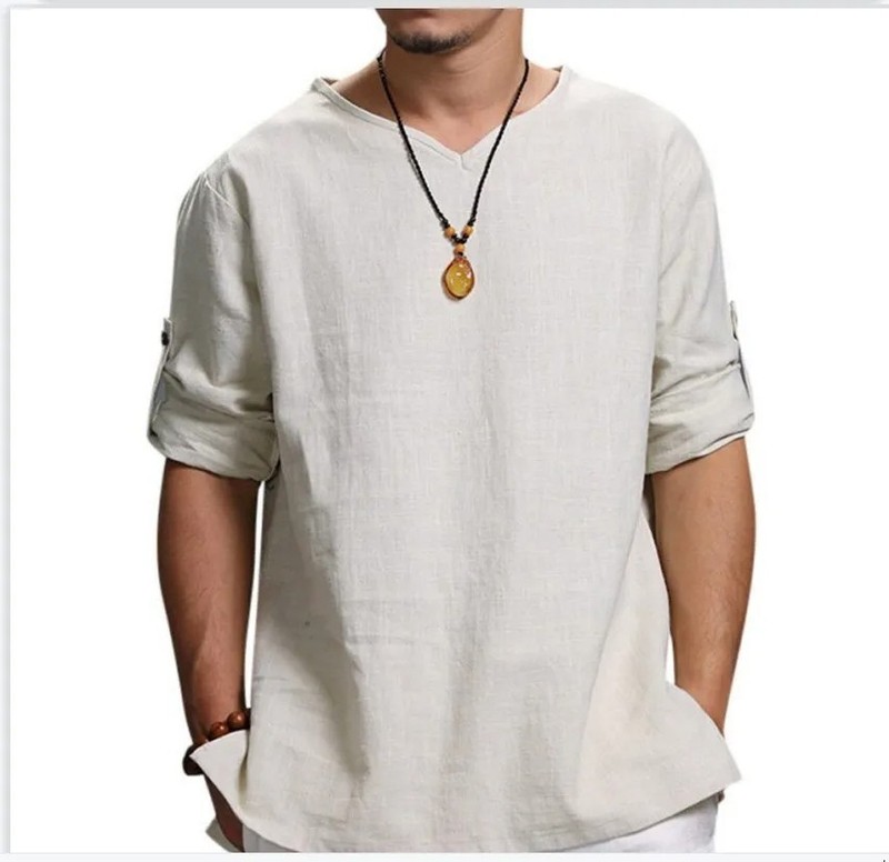 Men’s 3/4 Sleeve Casual Cotton Pullover V-Neck Loose Fit Beach Shirt gallery