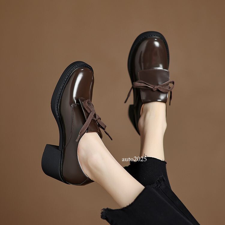 Women's Lace Up Round Toe 6cm Mid Block Heels British Style Shoes Fashion Spring gallery