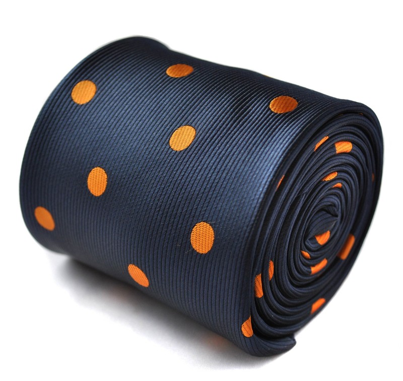 Frederick Thomas Designer Mens Tie – Dark Navy Blue – Burnt Orange Polka Dot