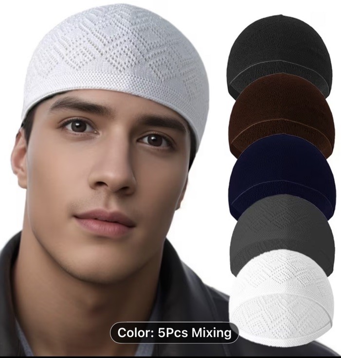 Men’s Kufi Cap Set 5pcs /Black White Brown Gray Navy Blue /( SKULL CAP)