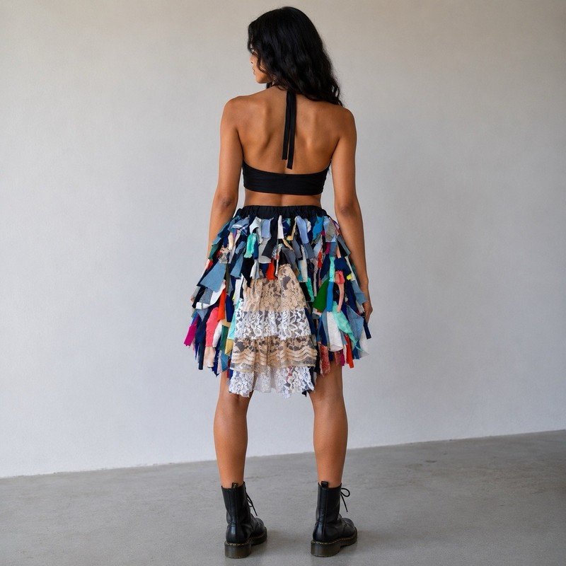 Boho Upcycled Tattered Bustle Skirt Fabric Scraps Festival Rave Hippie Cape OSFA gallery