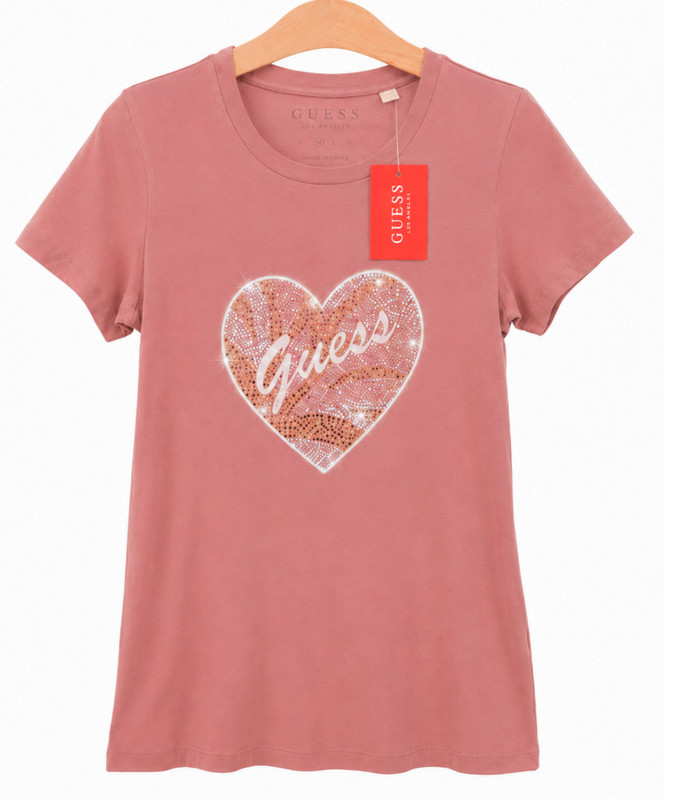 GUESS Womens Rhinestone Heart Graphic Tee Mauve Pink Short Sleeve Top Size M NWT gallery