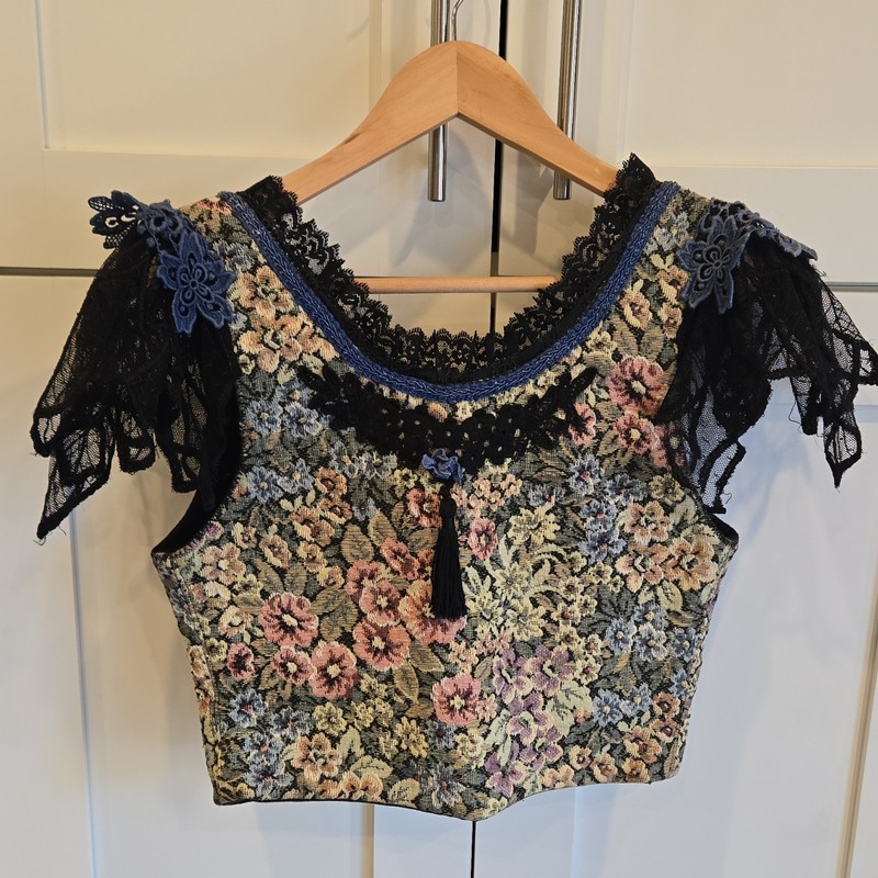Women’s Floral Tapestry Lace-Up Corset Top Crop Lace Trim Black Blue M