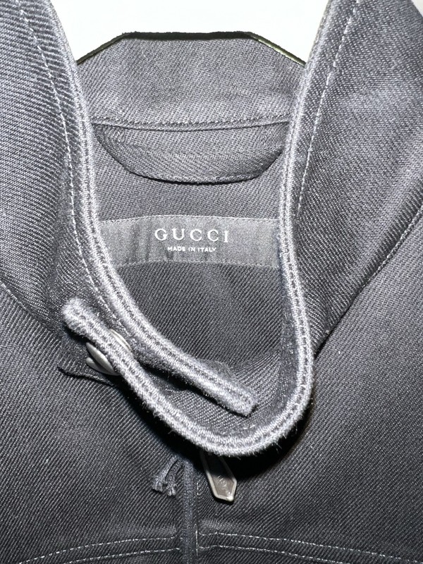 Gucci Men's Denim Jacket Black Biker Stand Collar Zip Logo Size 44 gallery
