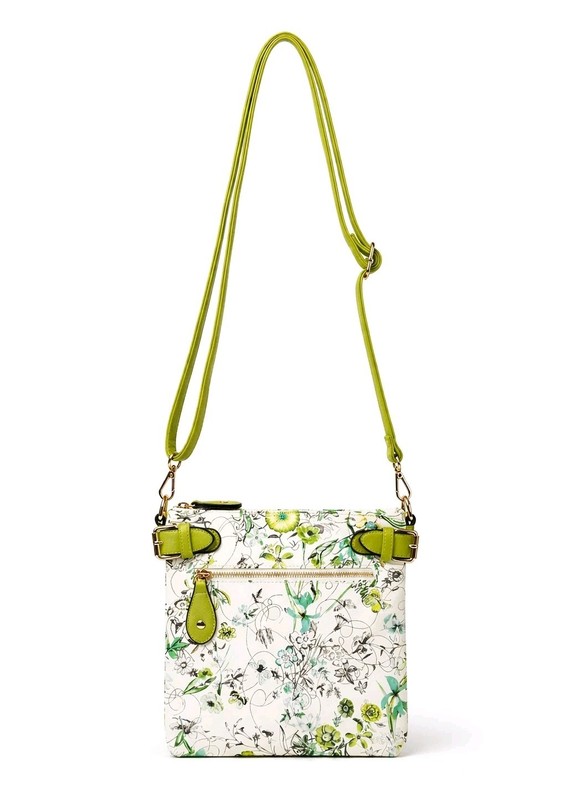 Lime Green Floral Bloom Crossbody Vegan PU Leather Bag – Multi Pocket