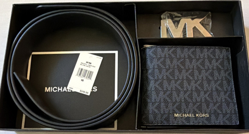 Michael Kors Men’s Leather Accessory Set Wallet & Belt Black Blue Logo 2 Piece