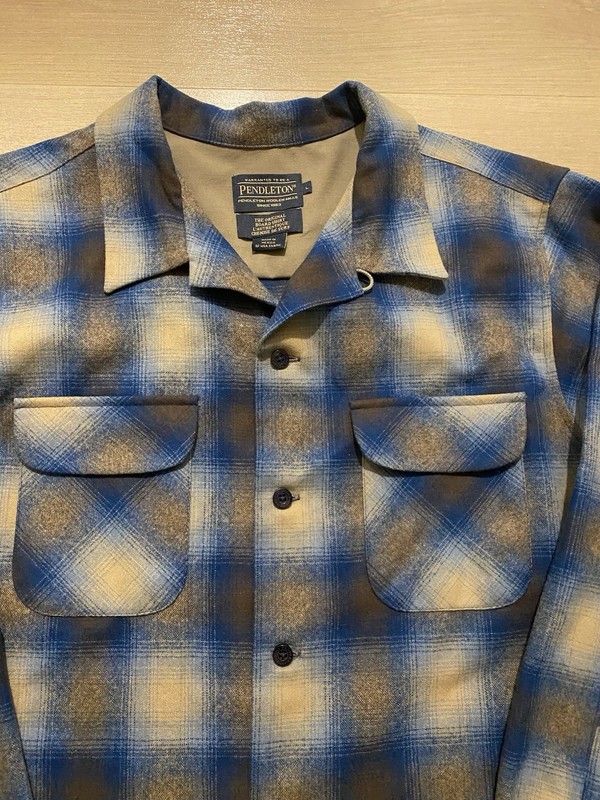 Pendleton Board Shirt Wool Loop Collar Flap Pocket Plaid Blue Gold Tan Large