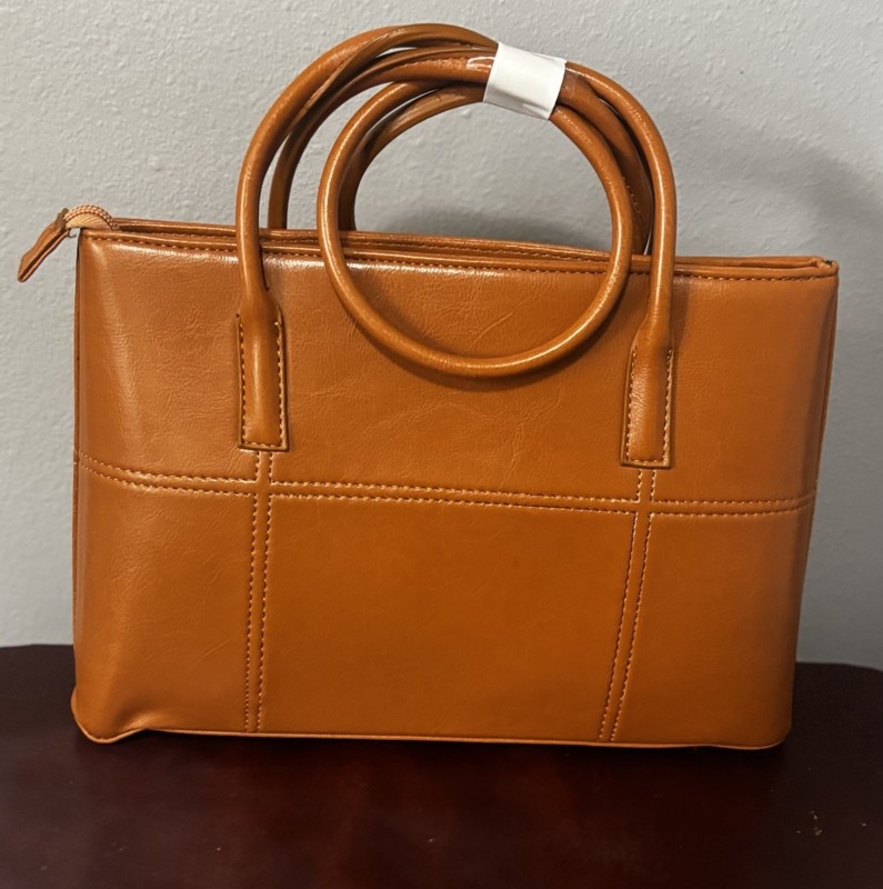 Tan Structured Shoulder Bag Double Handles Zip Closure Stitching Accents