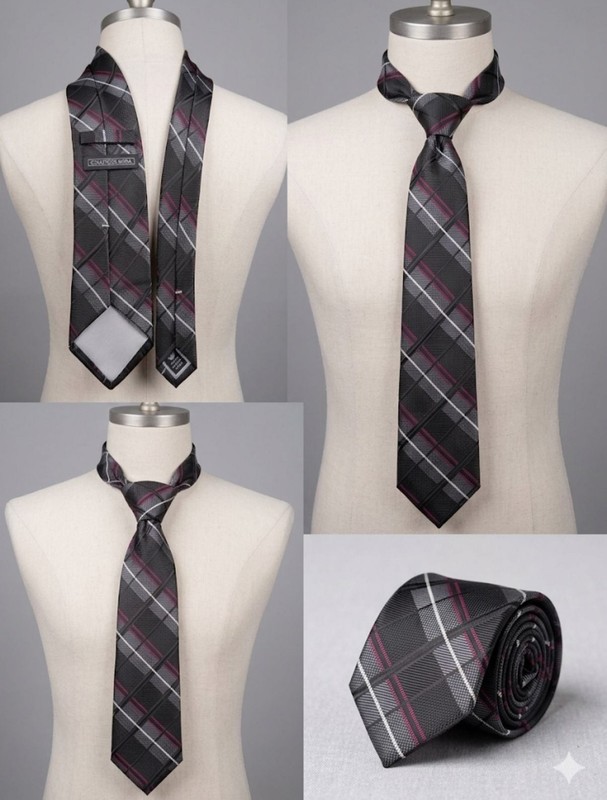 Countess Mara Men’s 100% Silk Plaid Necktie Black Gray Pink
