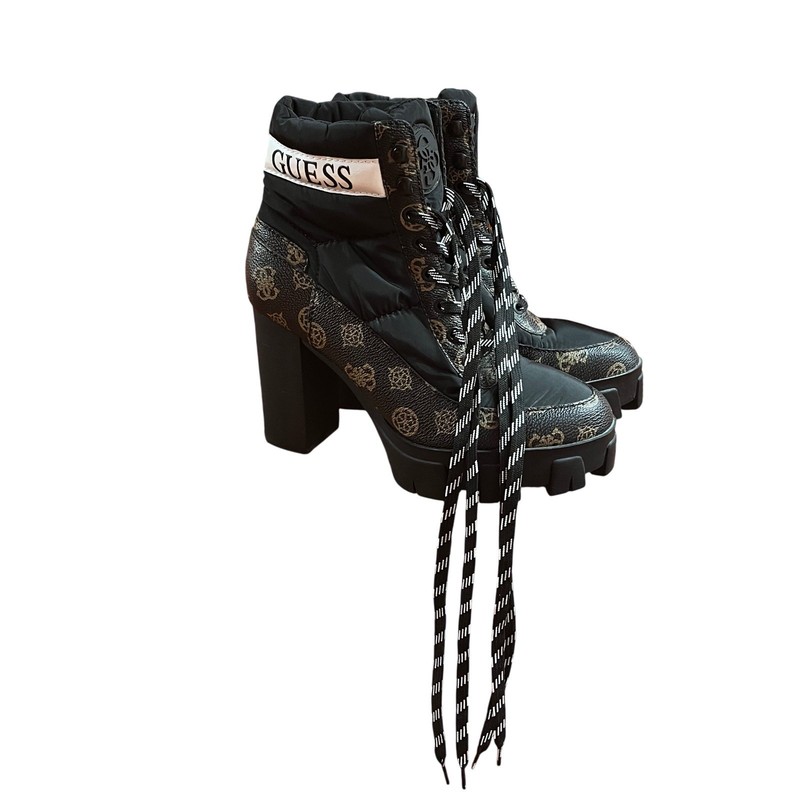 GUESS Womens Ankle Platform Lace-Up Boots Logo Print Lug Sole Black Brown
