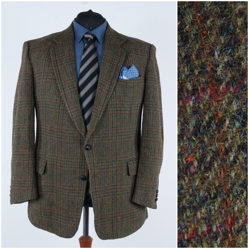 Mens Check HARRIS TWEED Jacket 50R US Size Dark Green Wool Sport Coat Blazer