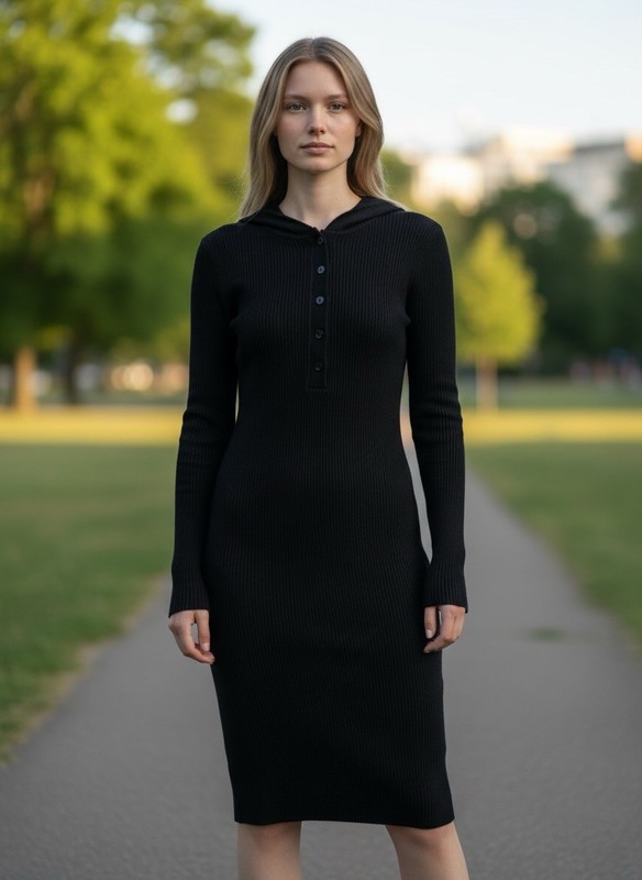 Womens Small Black Ribbed Bodycon Sweater Dress Collared Long Sleeve Midi