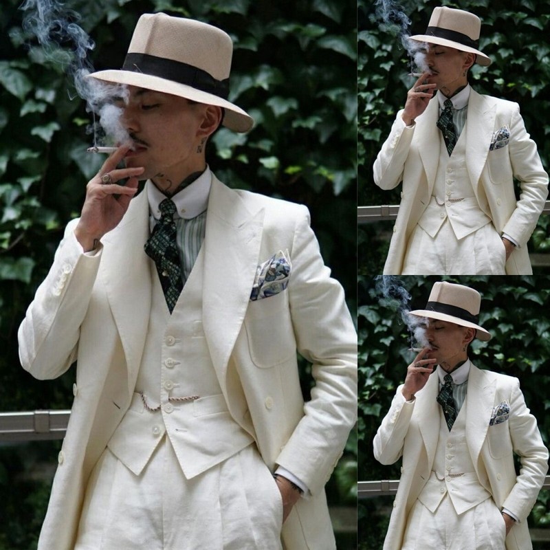 Linen Men’s Suits 3Pieces Vintage Summer Beach Ivory Blazer Cuffed Pants Evening