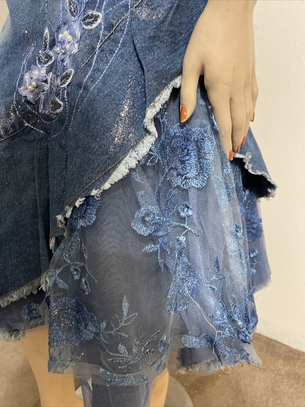 Women’s Blue Denim Cotton Casual Stretch Beads Boho Zip Size XL(10-12) Skirt 901 gallery