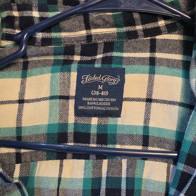 Faded Glory Flannel Plaid Button-Up Shirt Mens M Blue/Green/White Pockets gallery