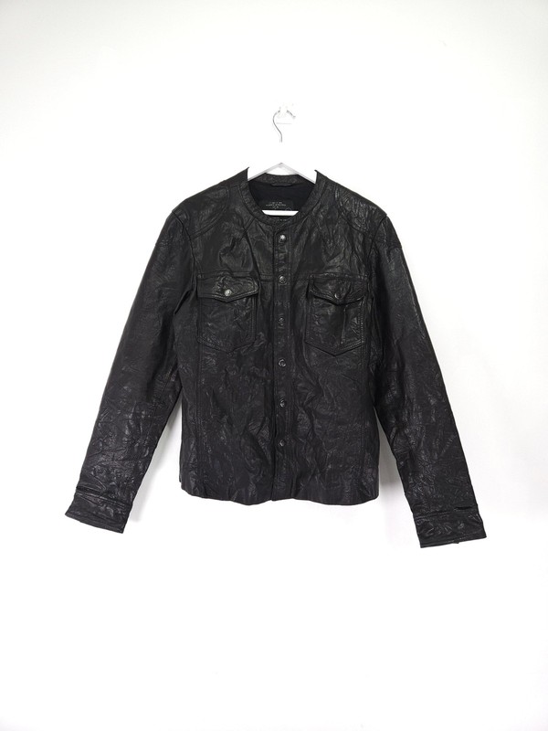 AllSaints Demon Shirt Jacket Mens Large Black Leather Snap Poppers Celebrity