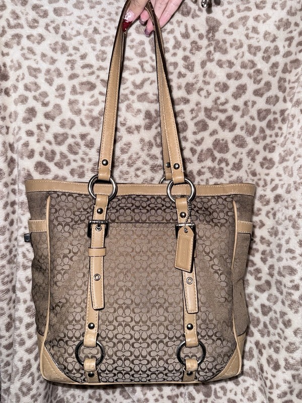 Coach Signature Monogram Zip Tote Shoulder Bag Brown/Beige Silver Charm