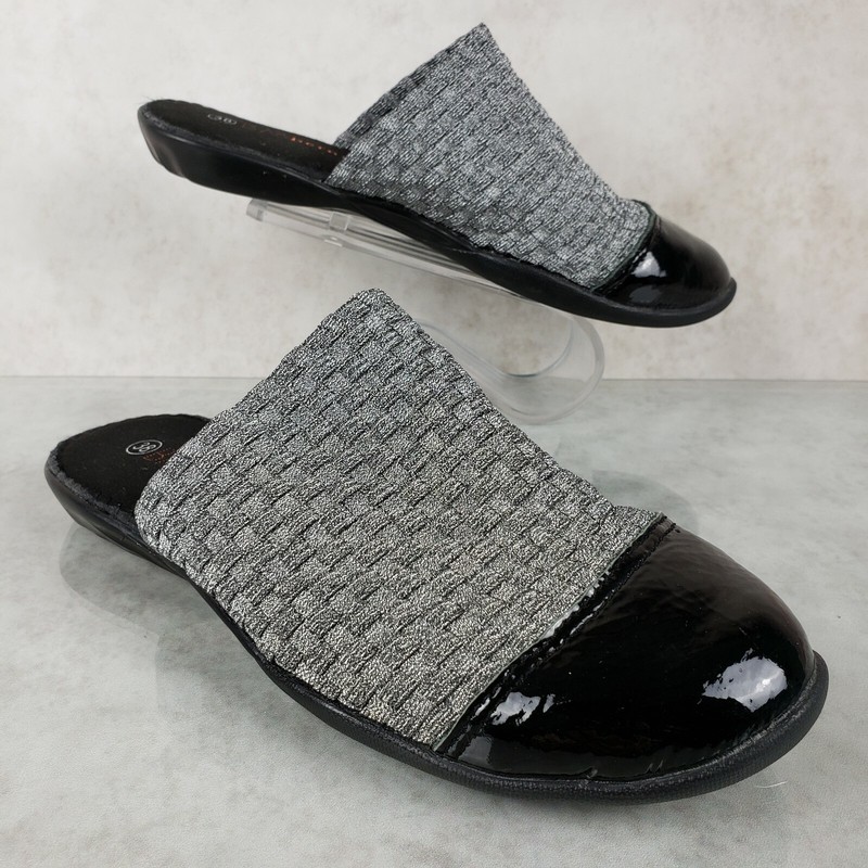 Bernie Mev Silver Woven With Black Patent Leather Cap Toe Slides Women’s 7.5 38