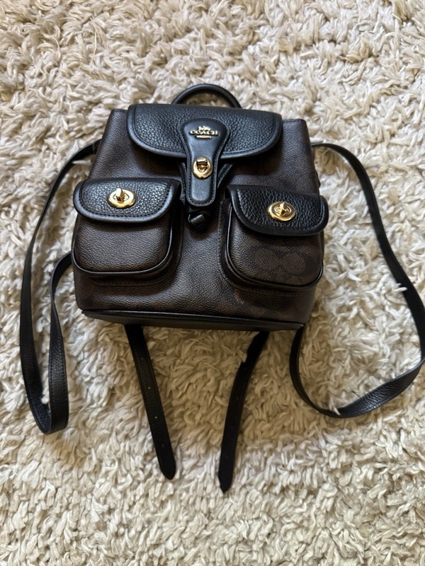 Coach Signature Brown Black Small Backpack Turn Lock Drawstring Gold Hardware