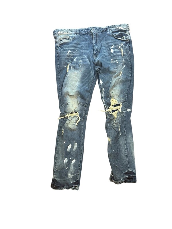 Smoke Rise Distressed Paint Splatter Jeans Mens 42×32 Blue Biker Denim Pants