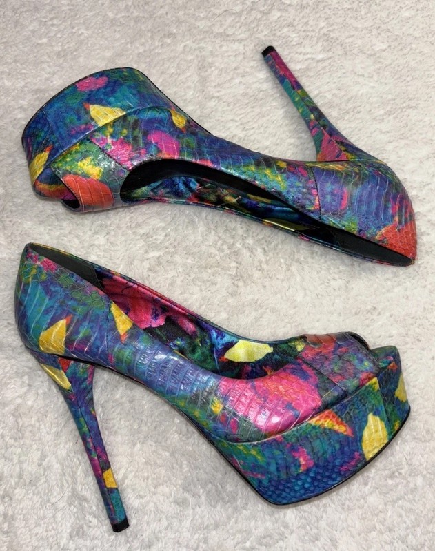 Brian Atwood Rainbow 8 Open Toe Leather Stiletto Pumps Club Dancer Summer Pool