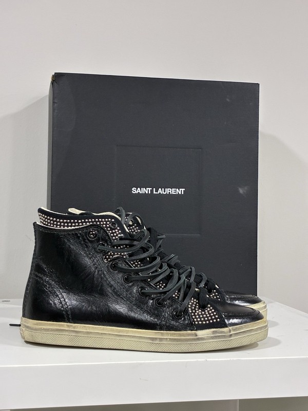 $795 NWT Saint Laurent Double Studded High Top Sneaker EU 35 USA 5 Black Leather